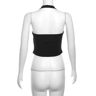 Halter u neck flower applique hollow out crop cut out top