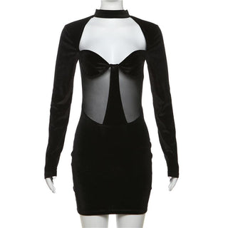 Long sleeve high neck velvet patchwork mesh mini dress