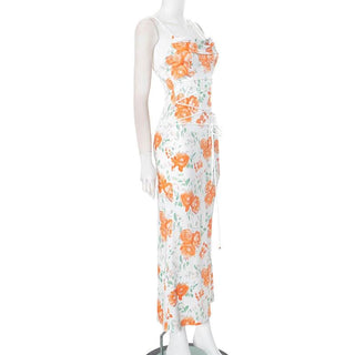 Self tie flower print backless spaghetti strap maxi dress