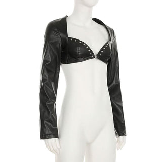 PU leather sweetheart neck long sleeve crop top