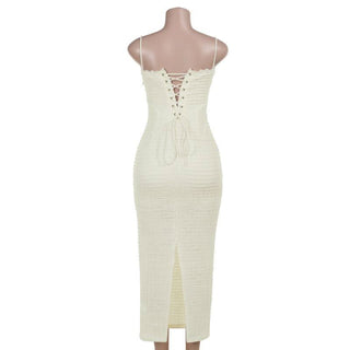 Lace up slit textured spaghetti strap lace hem maxi dress