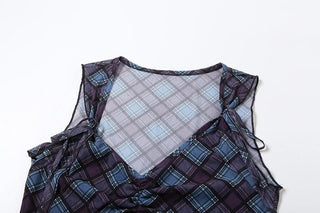V neck plaid print bowknot crop top