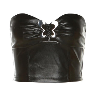 Solid metallic sleeveless zip-up hollow out buckle tube cut out top