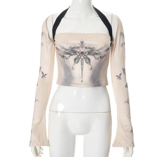 Halter long flared sleeve print hollow out crop cut out top