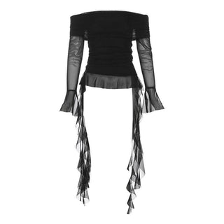 Long flared sleeve off shoulder mesh ruffle solid top