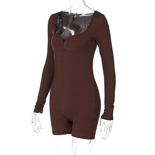 Ribbed notch neck long sleeve solid romper