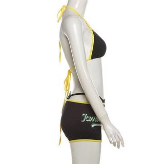 Halter v neck self tie contrast 3 piece pant set