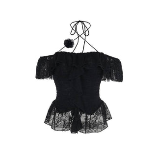 Halter self tie cross front lace ruched off shoulder top
