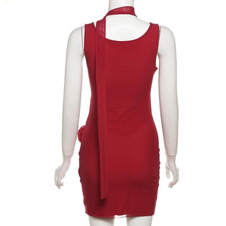 Cowl neck sheer mesh flower applique cami mini dress