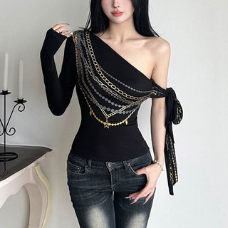 One shoulder long sleeve metal chain print top