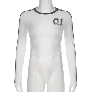 Long sleeve crewneck "01" print crop top