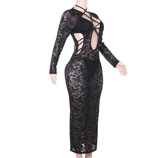 Lace long sleeve hollow out cross front cut out maxi dress