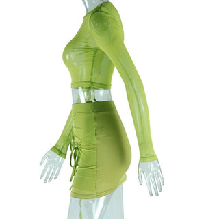 Long sleeve mesh see through knotted mini skirt set