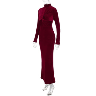 High neck long sleeve velvet ruched maxi dress