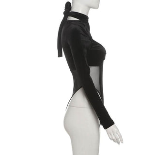 Velvet mesh patchwork long sleeve self tie bodysuit