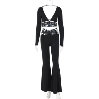 Long sleeve o ring button wide leg low rise pant set