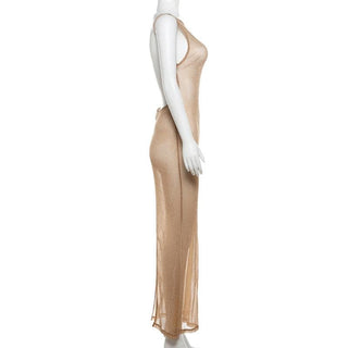 Glitter backless mesh slit maxi dress