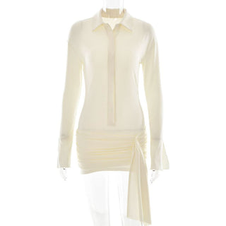 Turnover collar long sleeve button ruched mini dress