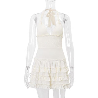 Halter smocked knotted ruched ruffle mini dress