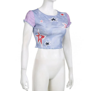 Ruffle star pattern contrast cap sleeve tie dye crop top