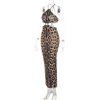 Leopard print halter o ring backless maxi dress