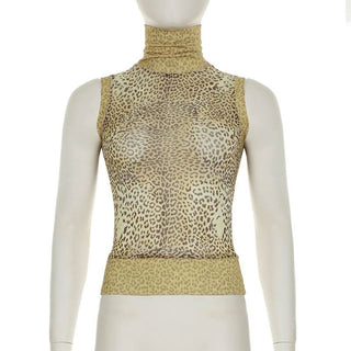 High neck leopard print mesh sleeveless top