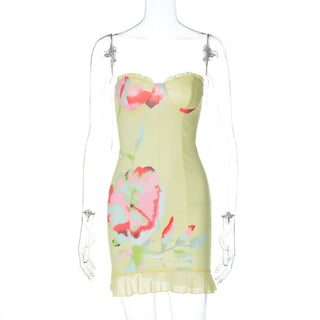 Flower print ruffle tube mini dress