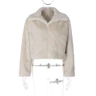 Turnover collar long sleeve fluffy zip-up top