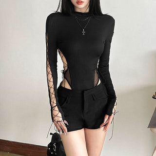 High neck long sleeve hollow out mesh bodysuit