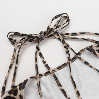 Leopard print halter long sleeve hollow out cut out top