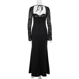 Sweetheart neck long sleeve self tie slit maxi dress-final-sale
