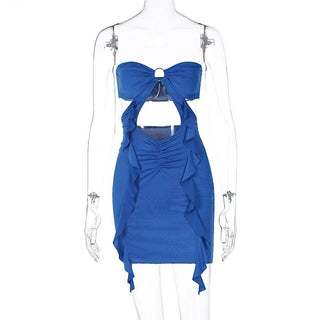 Ruched hollow out solid o ring ruffle backless tube cut out mini dress