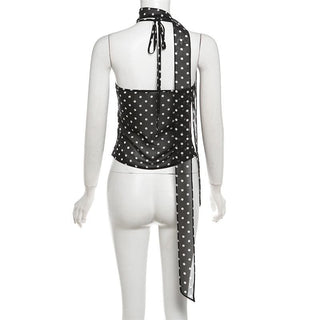 Halter polka dot ruffle chiffon 2 piece see through top