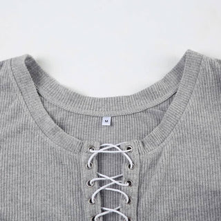 Long sleeve crewneck lace up crop top