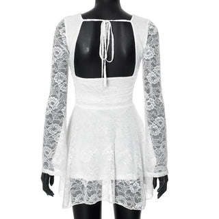 Lace v neck long sleeve self tie backless mini dress