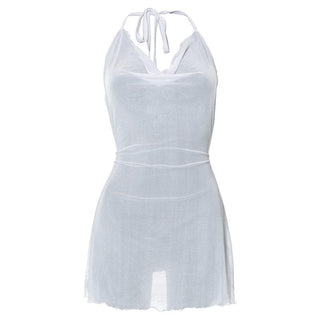 Halter cowl neck sheer mesh ruffle mini dress