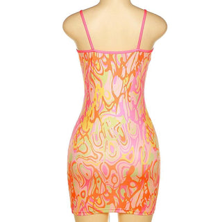 Sleeveless sweetheart neck low cut contrast print backless cami dress