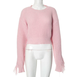 Long sleeve crewneck tassels knitted top