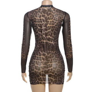 Crewneck long sleeve leopard print mesh mini dress