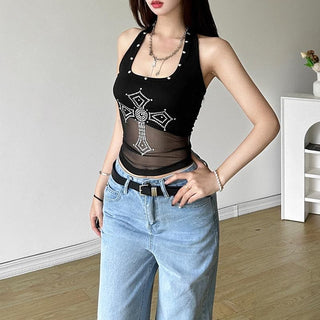 Halter beaded square neck cross pattern mesh top