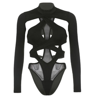 Long sleeves hollow out cross back bodysuit