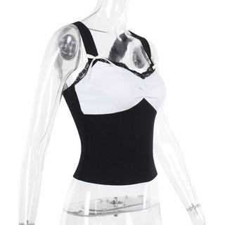 Bowknot v neck lace hem ribbed tank top