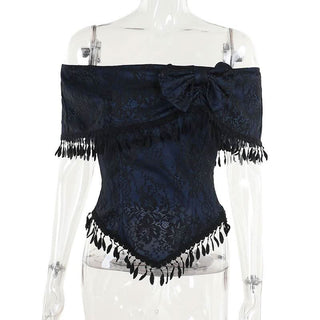 Off shoulder bowknot tassels lace top