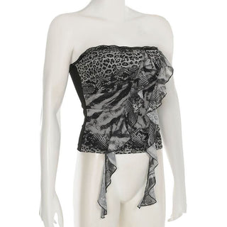 Leopard print ruffle lace hem tube top