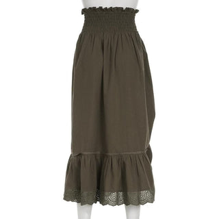 Drawstring solid lace hem smocked irregular midi skirt-final-sale