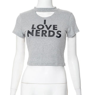 Short sleeve letter print crewneck hollow out crop cut out top