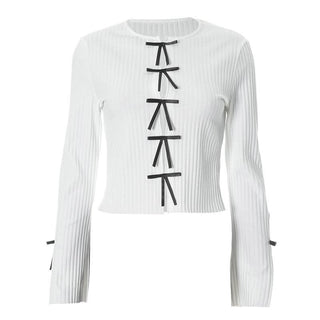 Long sleeve slit hollow out bowknot textured cut out top