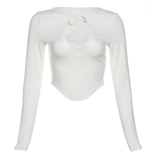 Long sleeve crewneck hollow out lace ribbed cut out top