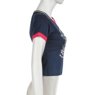 Short sleeve letter print contrast stitch top