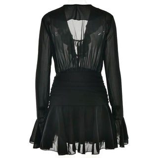 V neck long sleeve chiffon ruched ruffle mini dress